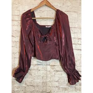 Mi Ami Top Women Large Red Satin Cropped Whimsy Goth Bell Sleeve Bow Tie Smocked